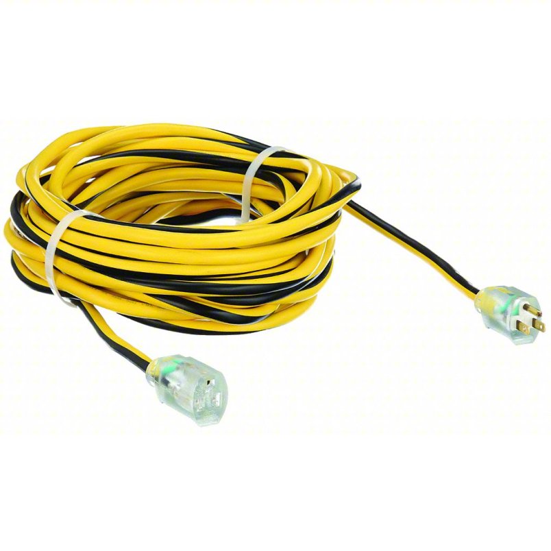 POWER FIRST Lighted Extension Cord: 50 ft Cord Lg, 12 AWG Wire Size, 12/3, SJTW, NEMA 5-15P